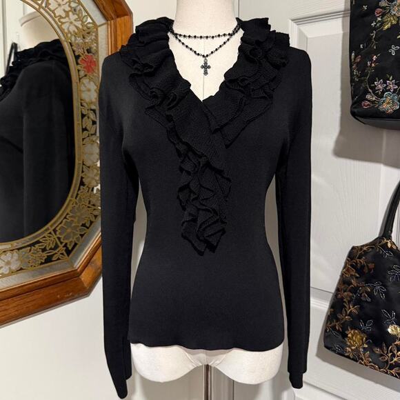American Vintage Tops - VTG Y2K Items by Michelle Nicole Black Ribbed Ruffle Collar Glam Goth Top L
